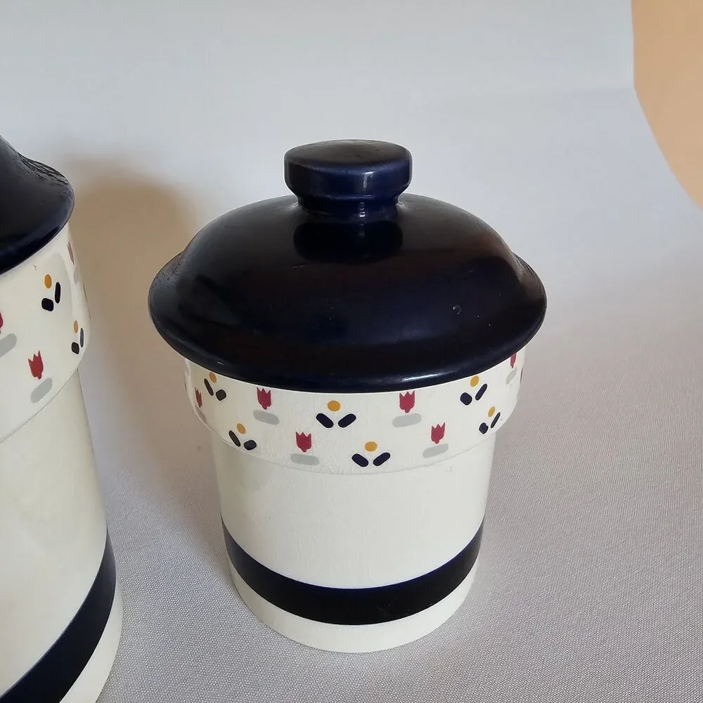 Vtg 1983 Sango Country Borders Nesting Canisters Colbalt Blue w/Tulip Design